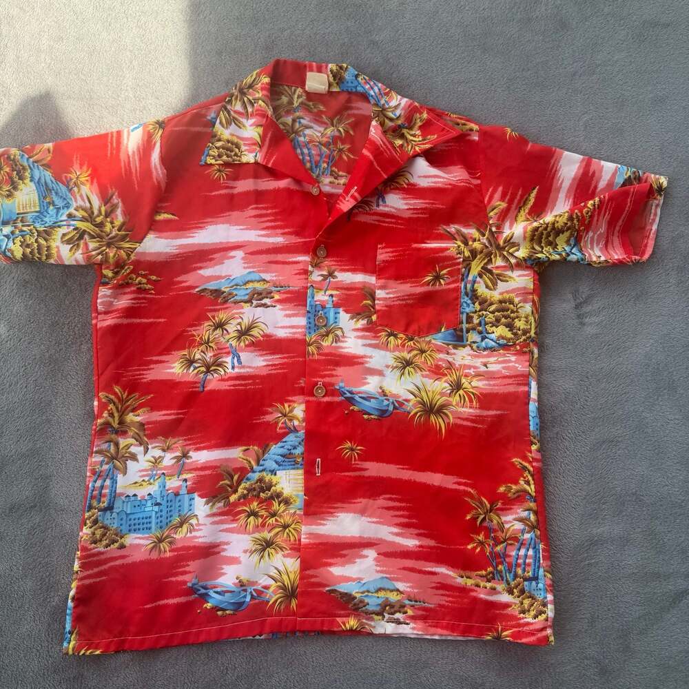 Vintage 1970s Big Sur Tropical Island Print Short Sleeve Button Down Shirt